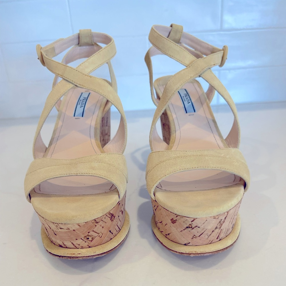 Gorgeous Prada Suede and Cork Strappy Platform Wedges